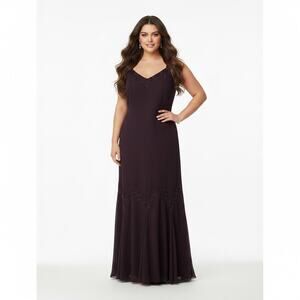 Davids Bridal 14W Dark Plum Purple Beaded Chiffon Maxi Gown Dress Formal Wedding